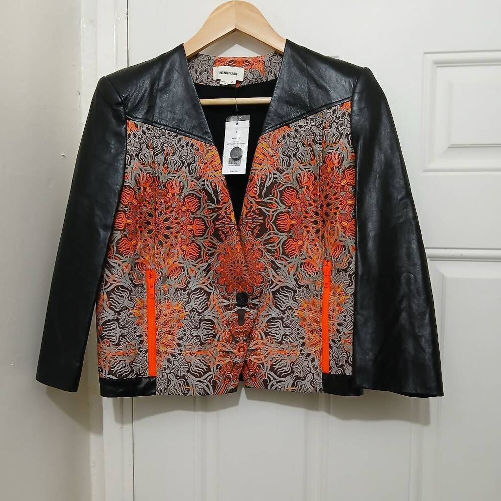 Helmut Lang women Sz 2 small lamb leather black orange light jacket $995 Spring